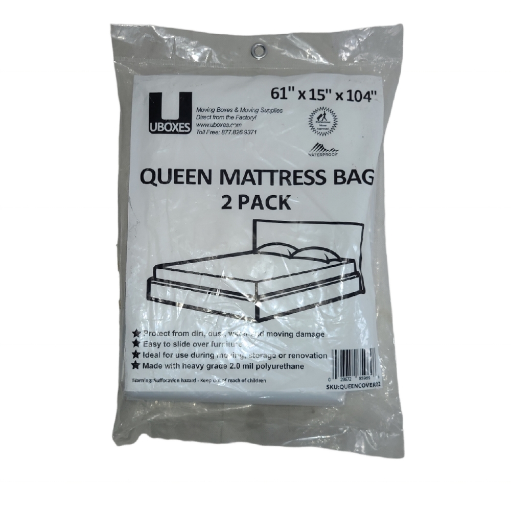 Uboxes Queen Mattress Moving Cover 2 Pack Clear 61"x 15"x 104"  QUEENCOVER02 New